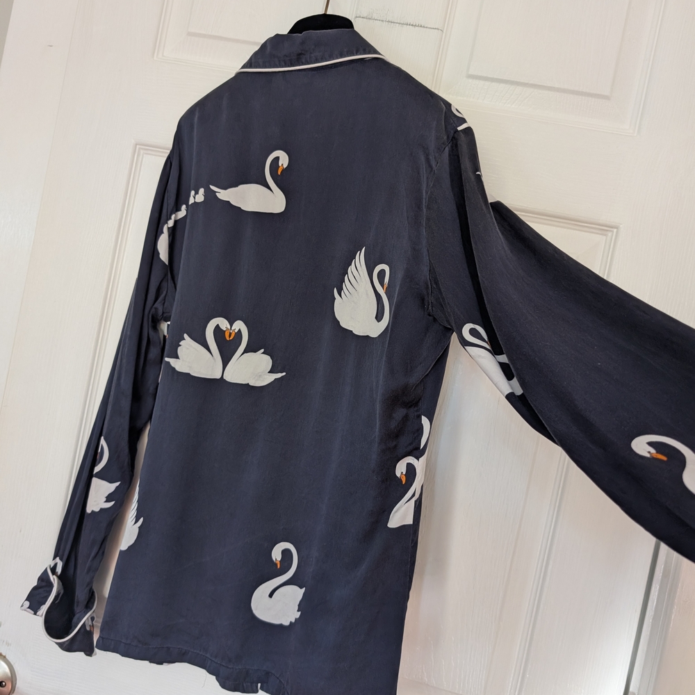 Olivia von Halle Lila Duet Swan Silk Pajama Set With Robe, Navy, SZ S/OS - Picture 6 of 16